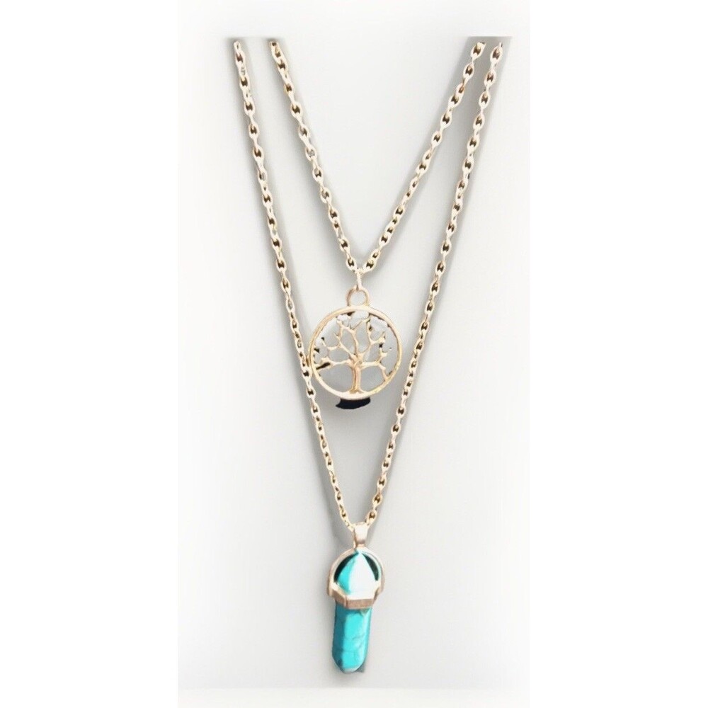 Tree Of Life Necklace Turquoise Gem Stone Amulet Pendant 28" Prism EUC Boho